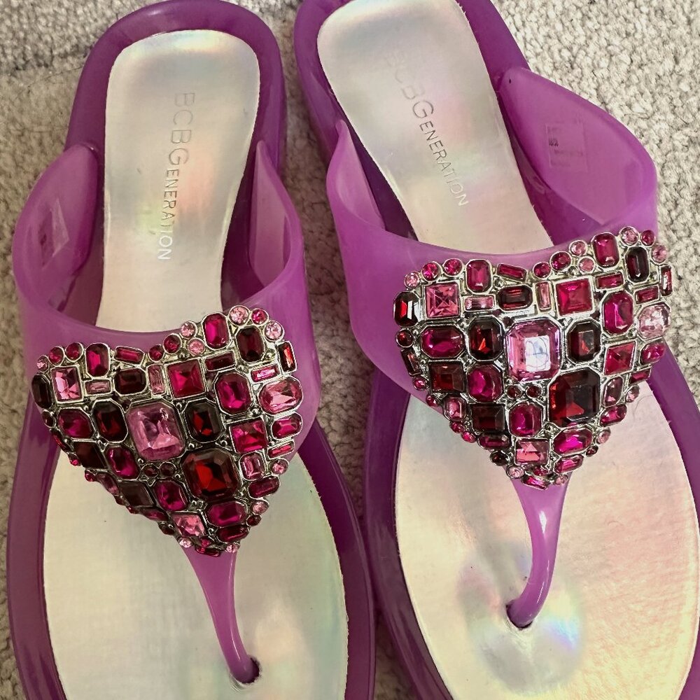 BCBGeneration Rhinestone Heart Jelly Flip Flops in Size 8